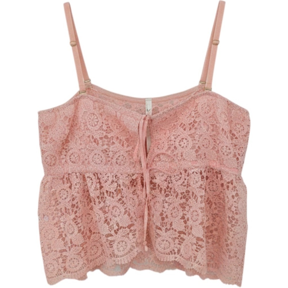Anthropologie Lace Sheer Camisole Top Women XL Pink Rose Floral‎ Boho Tie Front